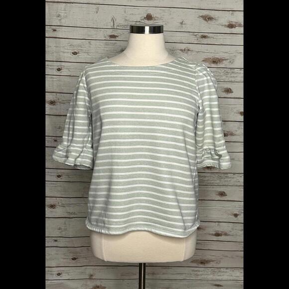 Modcloth Tops - ModCloth 'Spiffed Up Saturday' green striped tie-back ruffle sleeve top Size XL